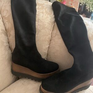 Black Suede Knee-High Wedge Boots